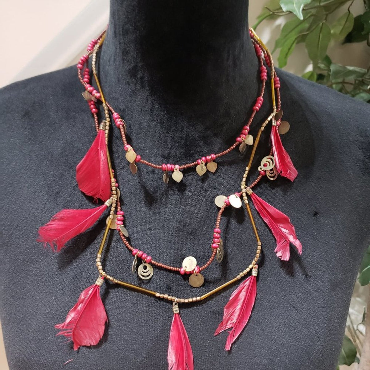 Womens Fashion Feather Beaded Three Strands Statement Charm Necklace w/ Lobster