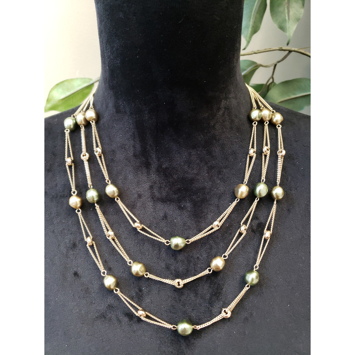 Womens Fashion Gold Tone Triple Strand Golden Blister Pearl Station Necklace