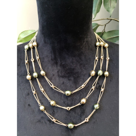 Womens Fashion Gold Tone Triple Strand Golden Blister Pearl Station Necklace