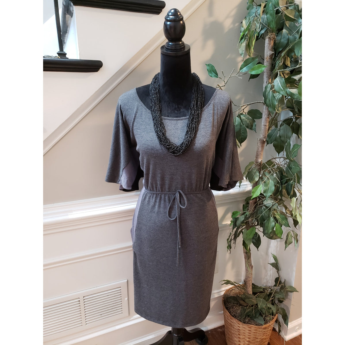 Delirious Dress Women 3X Gray Knit Short Sleeve Tie Waist Pocket Lounge