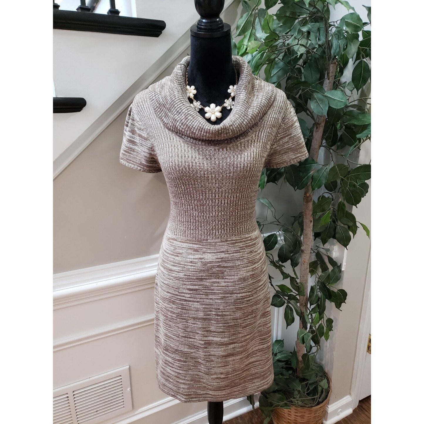 Calvin Klein Women's Beige Knit Space Dye Short Sleeve Cowl Neck Sweater Dress S