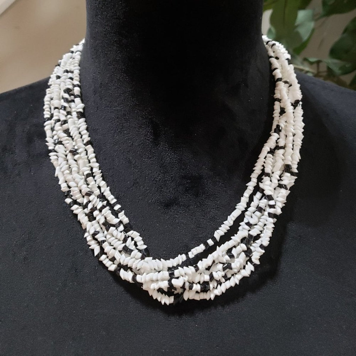 Womens Fashion Multistrand Black White Beaded Collar Necklace with Lobster Clasp