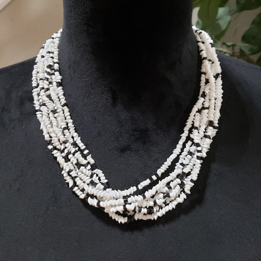 Womens Fashion Multistrand Black White Beaded Collar Necklace with Lobster Clasp