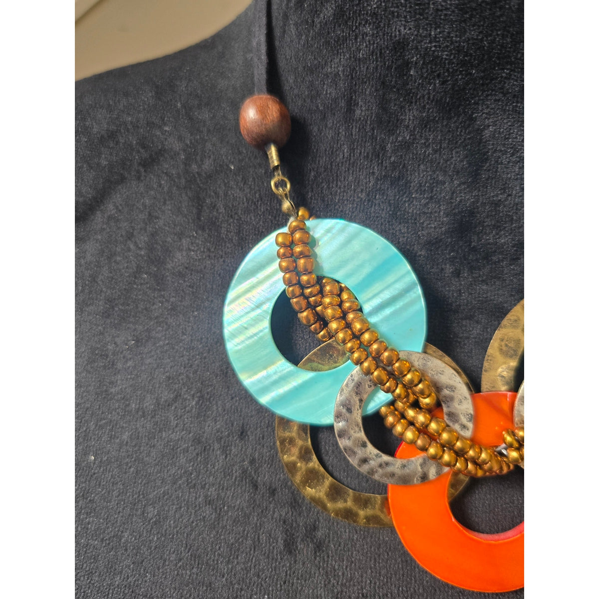 Turquoise Orange Gold Tone Oversized Mixed Circle Beaded Boho Necklace