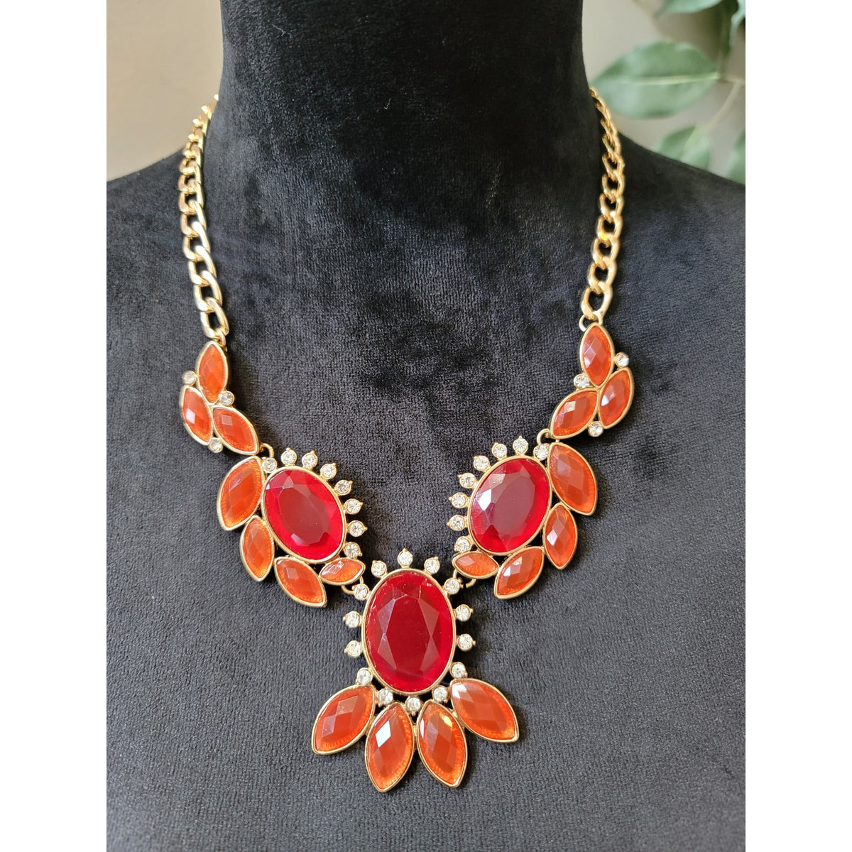 Women's Statement Necklace And Earrings Set Red And Orange Gemstones Jewelry