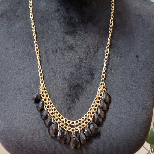 Womens Fashion Gold Tone Black Enamel Faceted Teardrop Beads Necklace Lobster