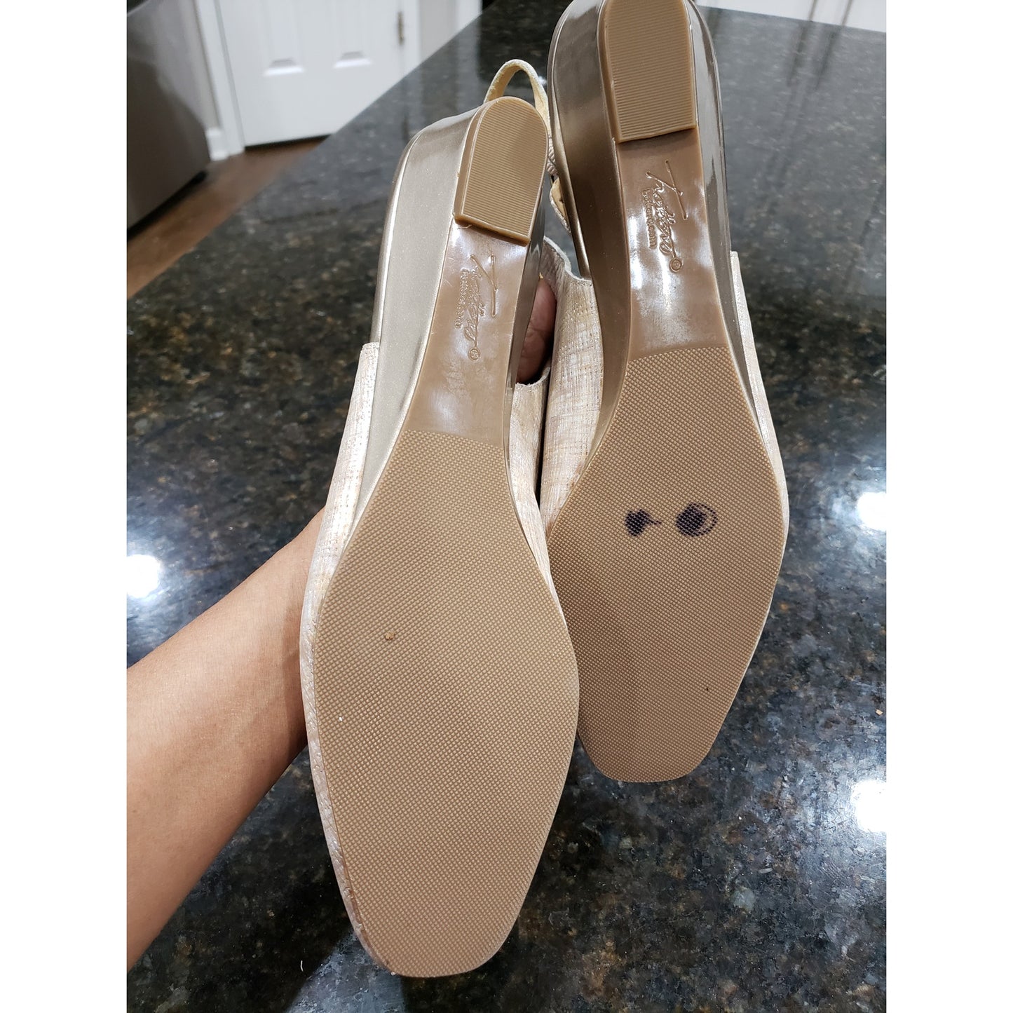 Trotters Lenore Pump Women Beige Leather Wedge Heel Adjustable Strap Buckle 12N