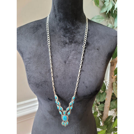 Women's Turquoise Stone Pendant Necklace Silver Tone Chain Clasp Statement