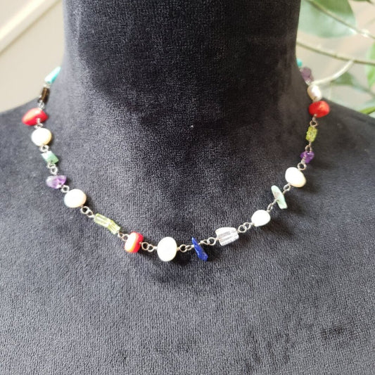Women's Pearl Turquoise Quartz Coral Peridot Lapis Necklace with Toggle