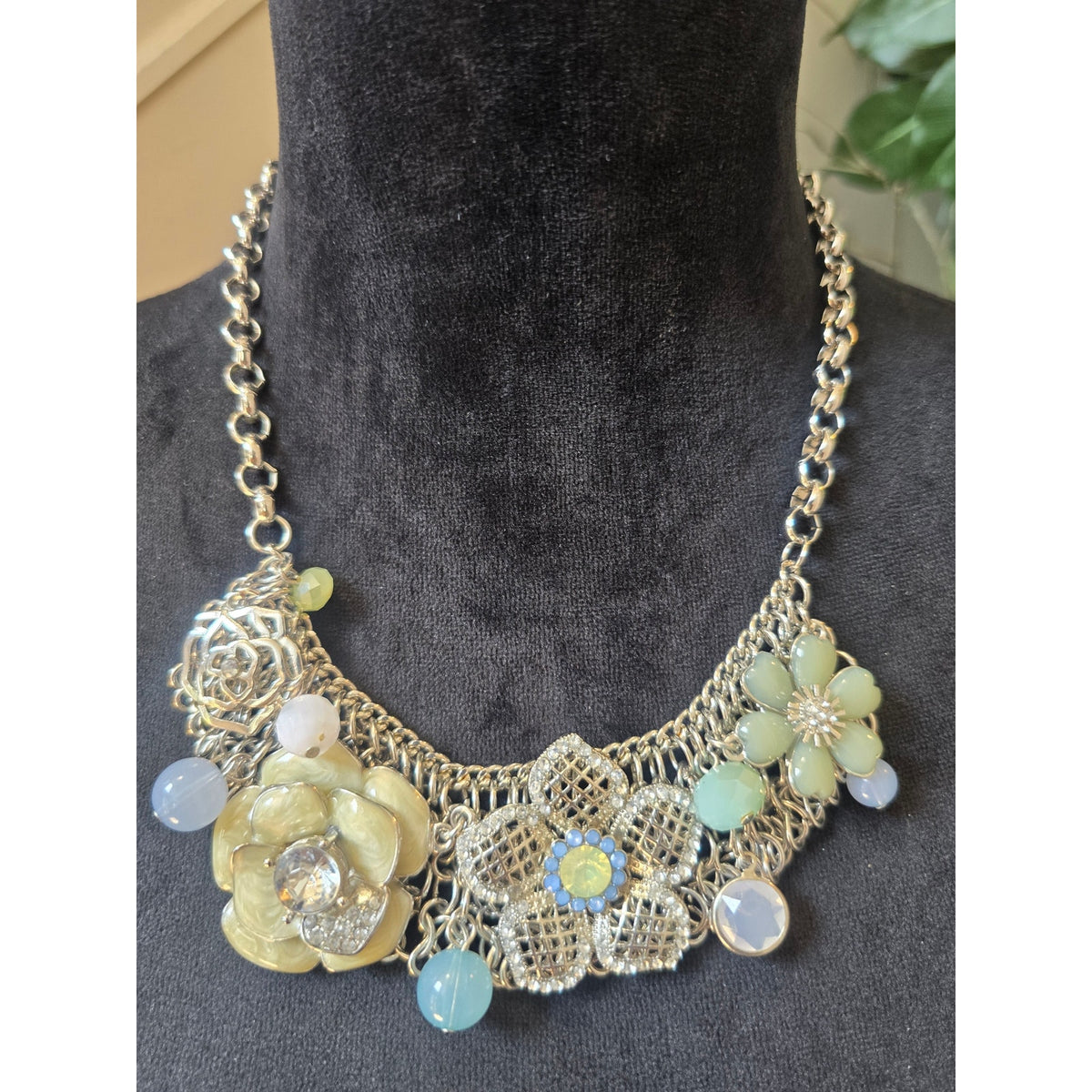 Silver Tone Pastel Floral Rhinestone Bib Statement Necklace