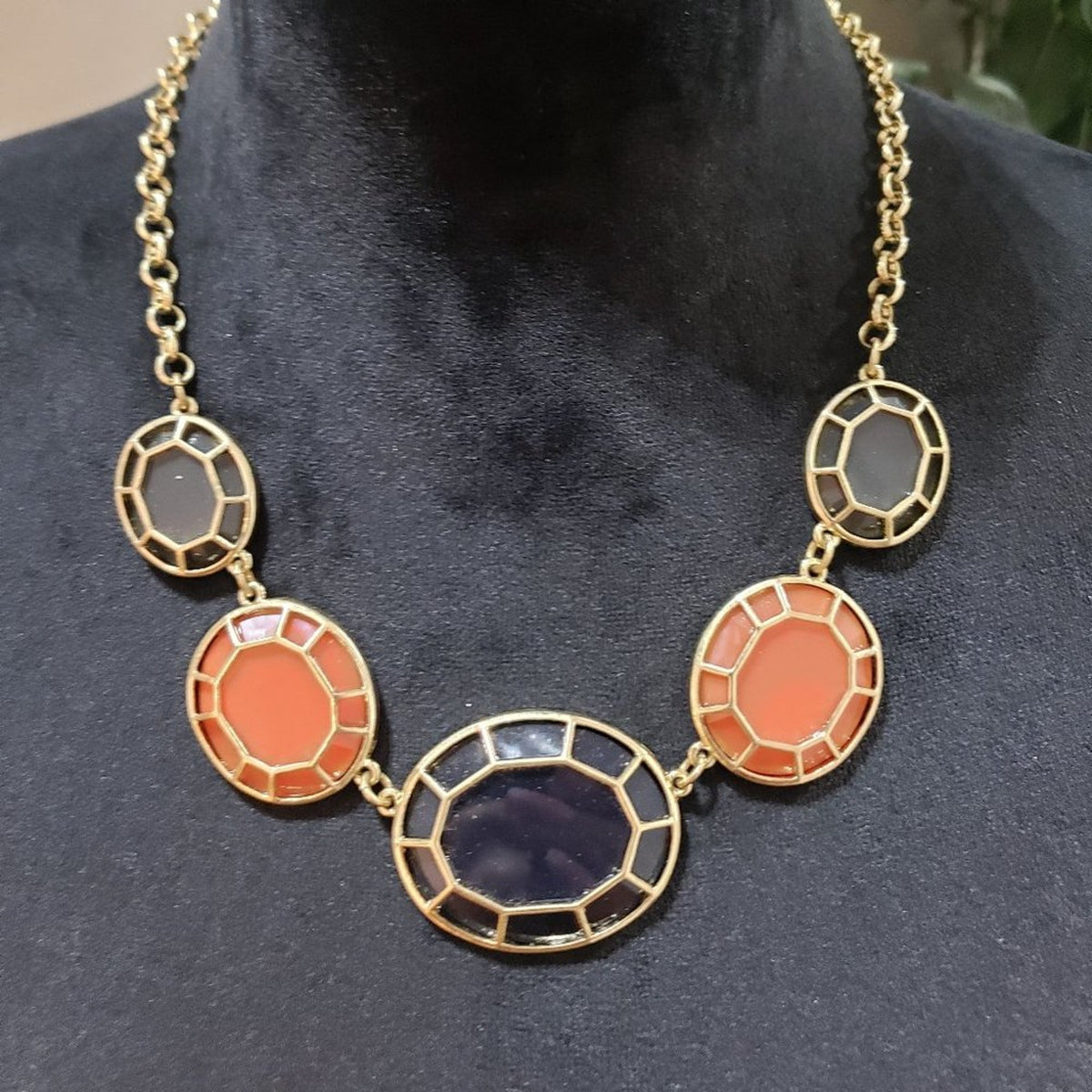 Pretty Contemporary Fashion Orange Black Gold Tone Accents Disks Fancy Necklace