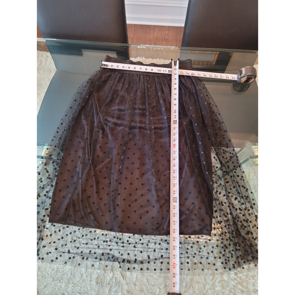 Metro Wear A-Line Skirt Women's Medium Black Polka Dot Tiered Sheer Smocked