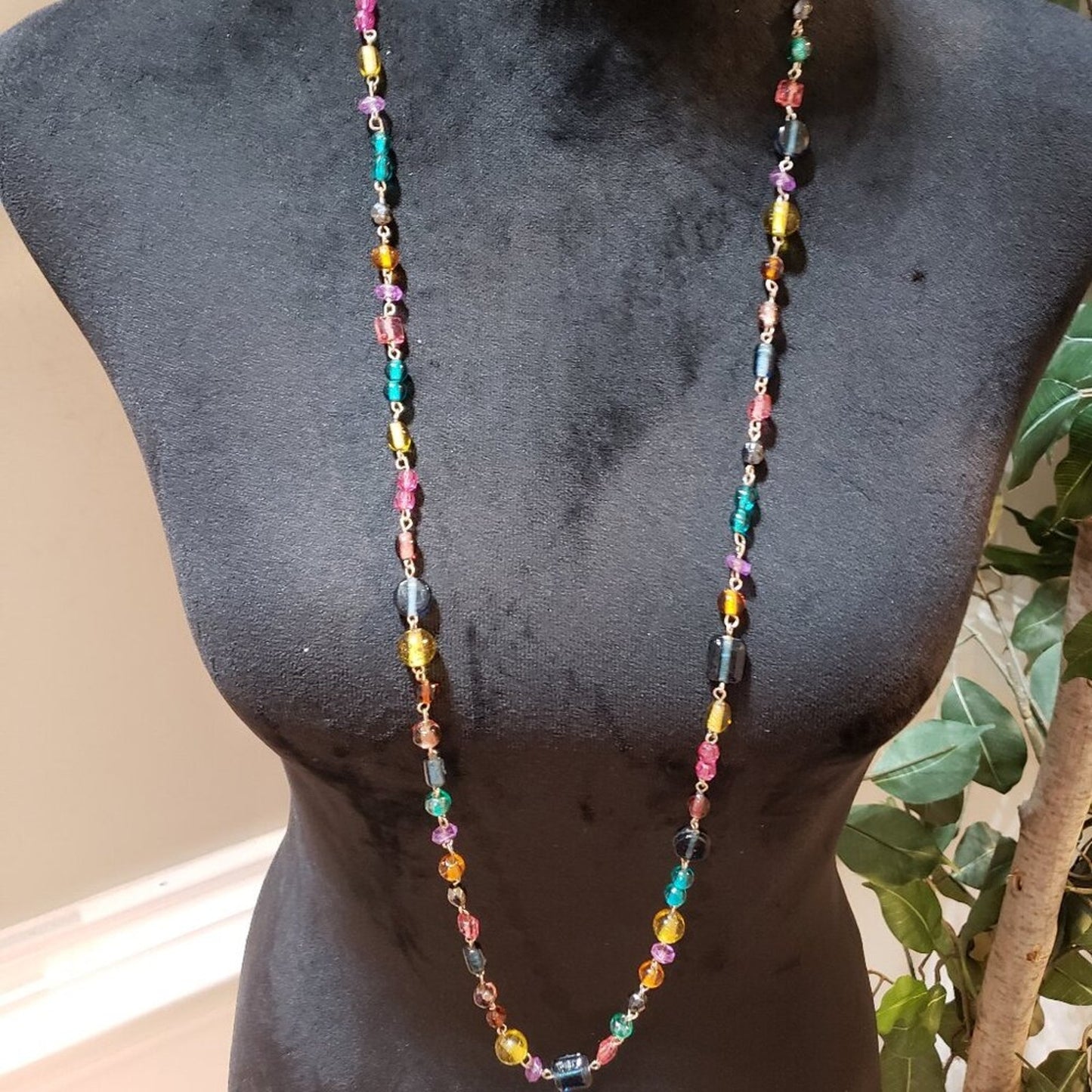 Womens Fashion Silver Tone Multi Color Glass Beads Long Necklace with Lobster