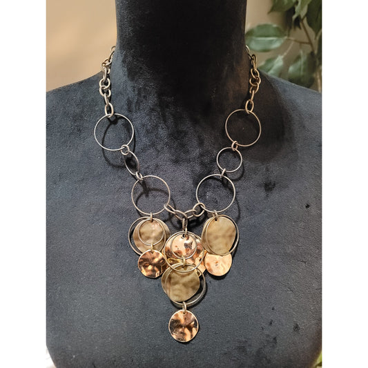 Women's Statement Mixed Metal Disc Necklace With Lobster Clasp Handmade Design
