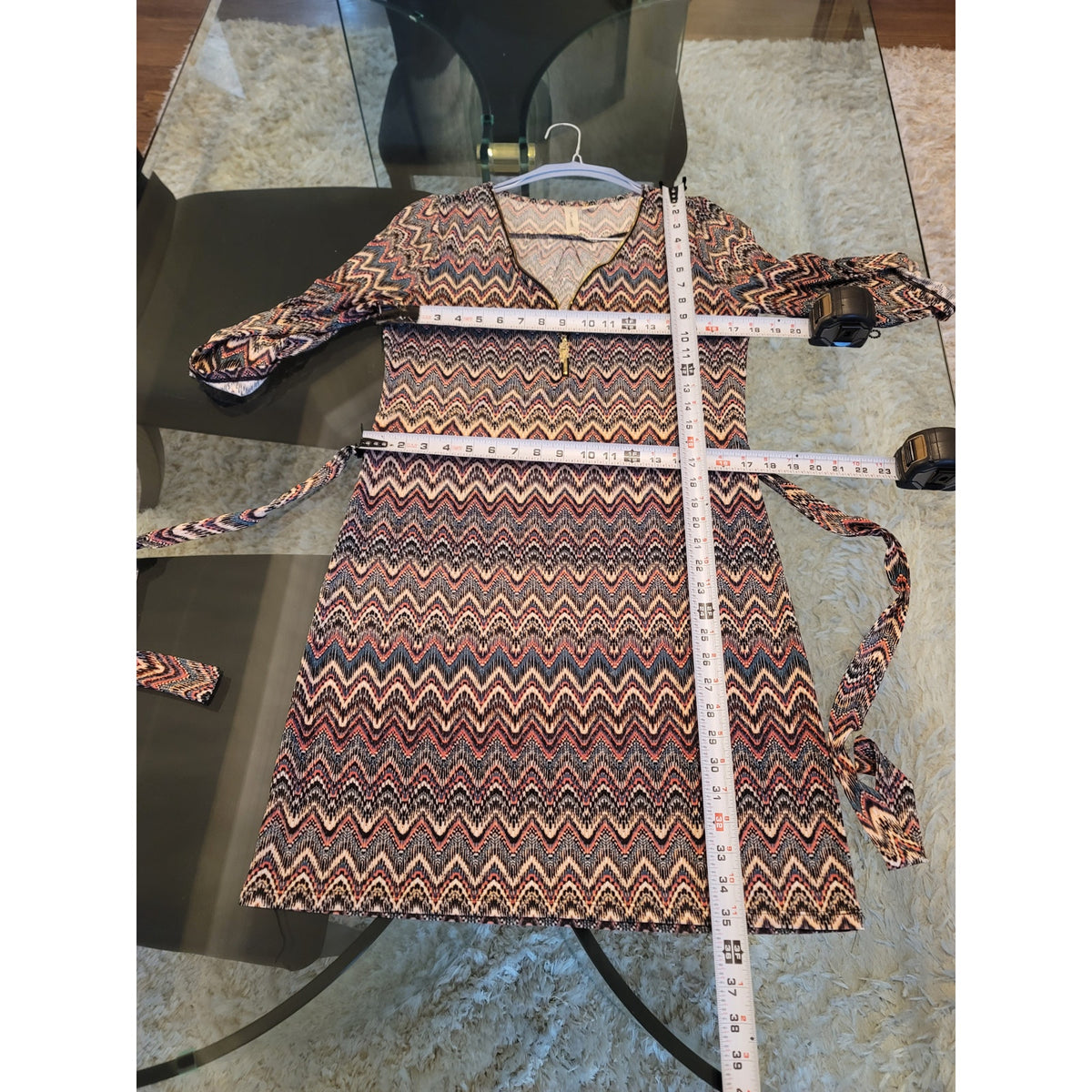 Tacera Dress Womens Small Multicolor Chevron Print V Neck Belted Long Sleeves