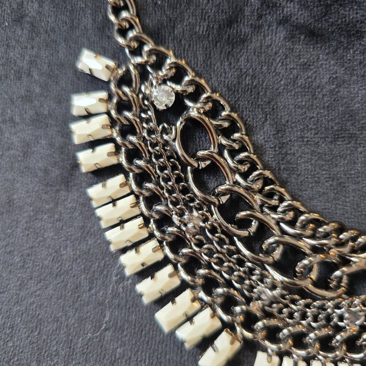 Womens White Chiclet Drops Bead Silver Tone Statement Bib Necklace Lobster Clasp