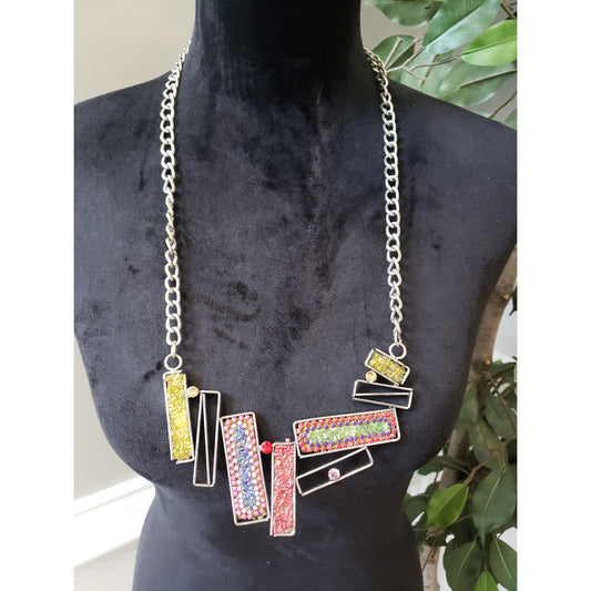 Colorful Beaded Chain Necklace with Yellow Pink & Purple Beaded Pendants