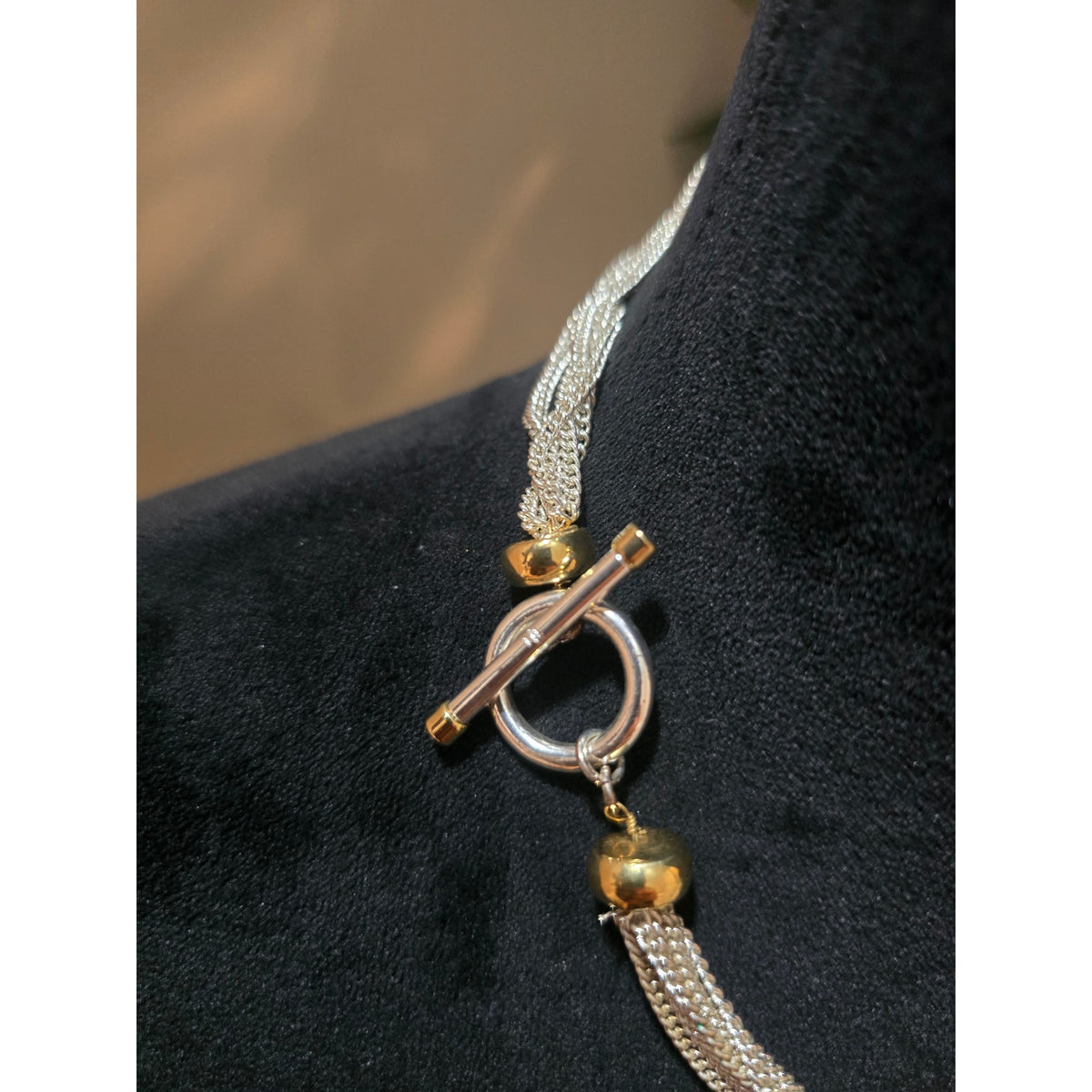 Women's Multi Strand Silver Chain Necklace With Gold Beads And Toggle Lock