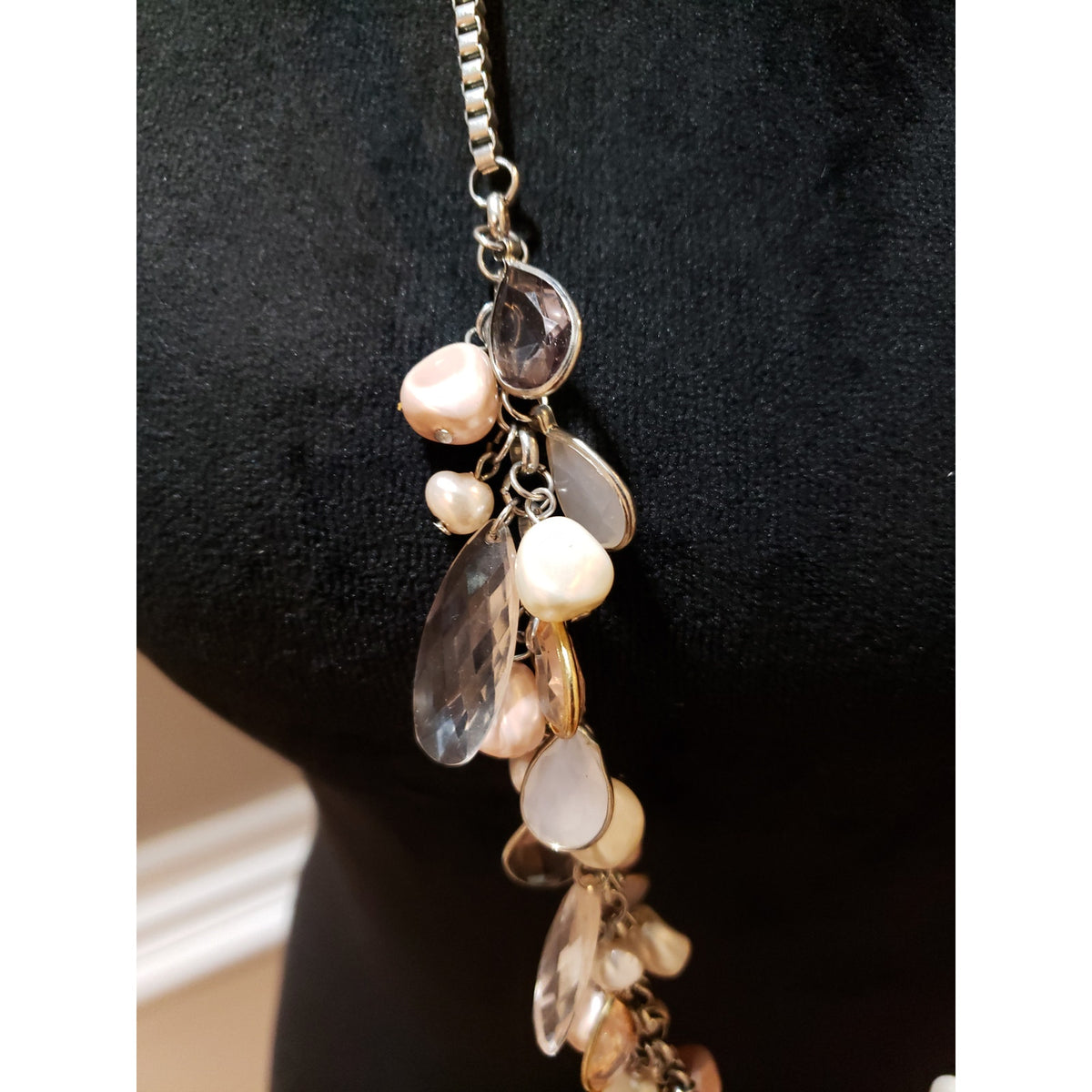 Womens Silver Tone Baroque Pearl Teardrop Glass Beads Cluster Necklace Jewelry
