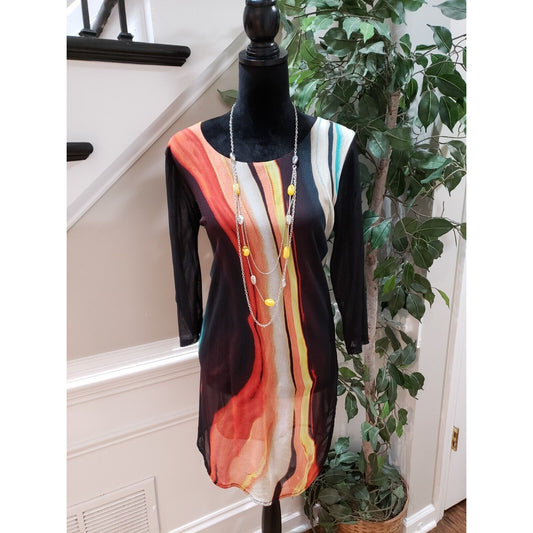 Alfani Women's Multi Printed Side Slit Round Neck Long Sleeve Top Blouse Medium