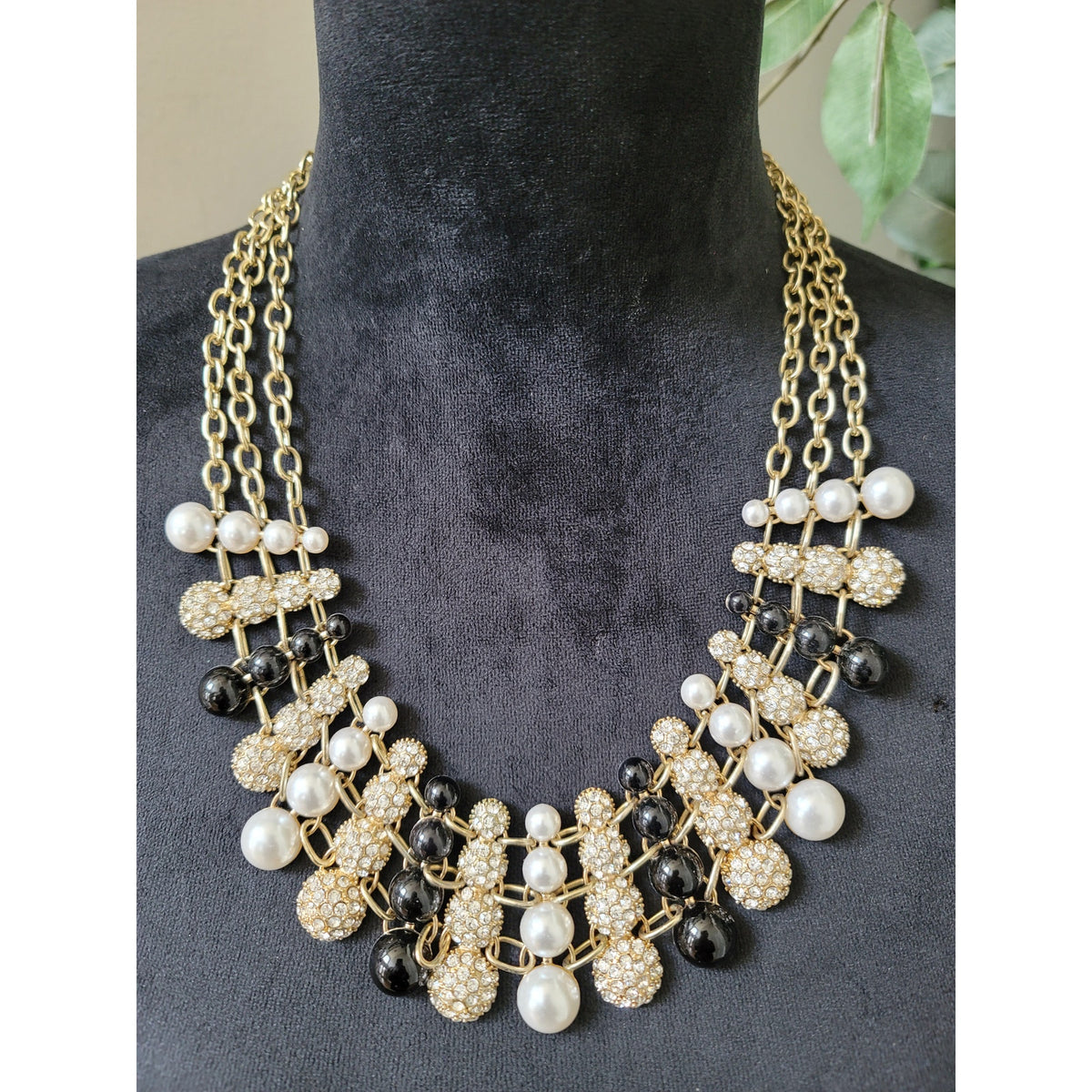 Women's Gold Chain Statement Necklace With Pearl Crystal Beads And Lobster Lock