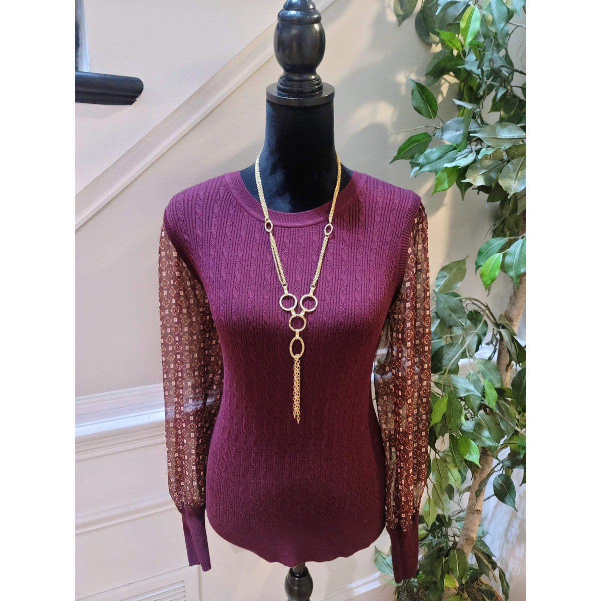 Talbots Cable Knit Sweater Women's Medium Burgundy Ribbed Hem Sheer Long Sleeve