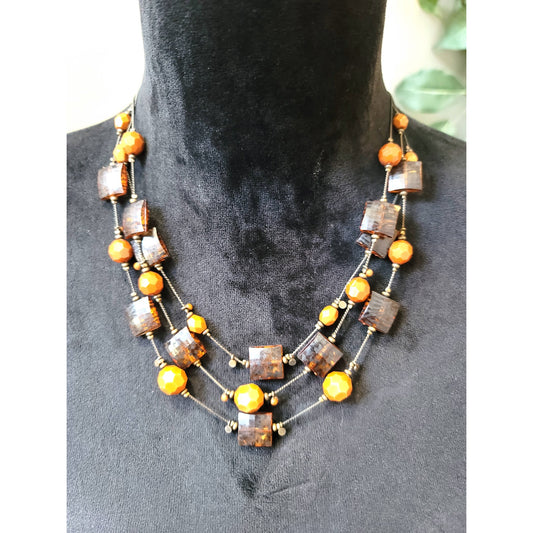 Women's Multi Strand Beaded Necklace Amber Square Beads Orange Faceted Beads