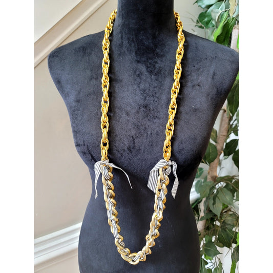 Vintage Gold Tone Chain Necklace Blue White Ribbon Accent Statement Piece