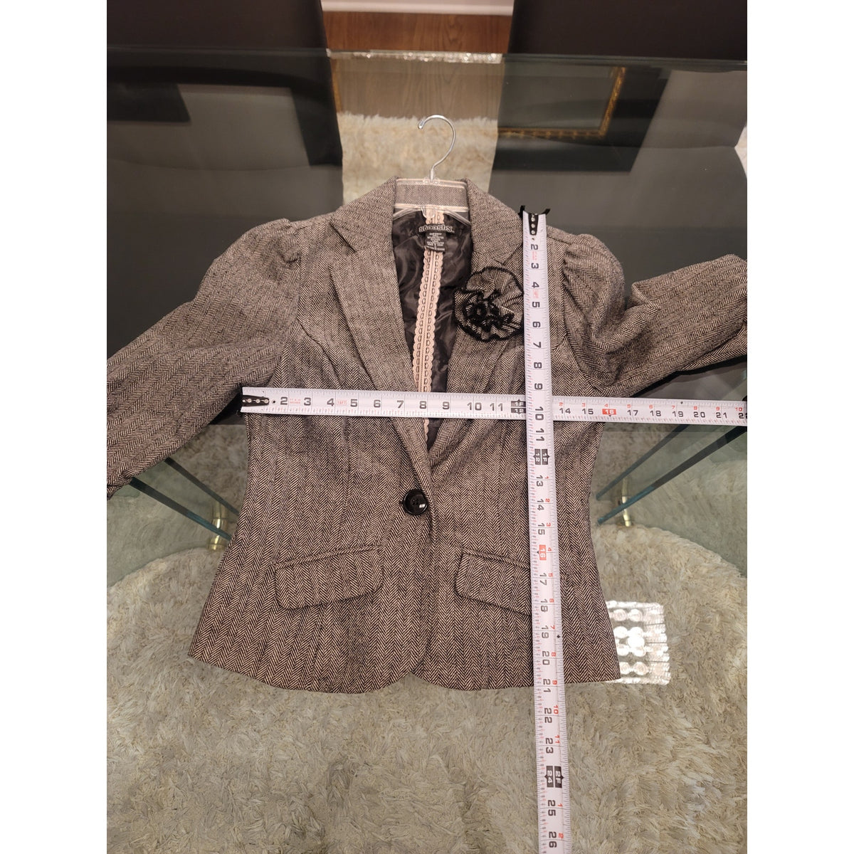 Stooshy Tweed Blazer Women’s Medium Gray Herringbone Ruched Sleeve Faux Pockets