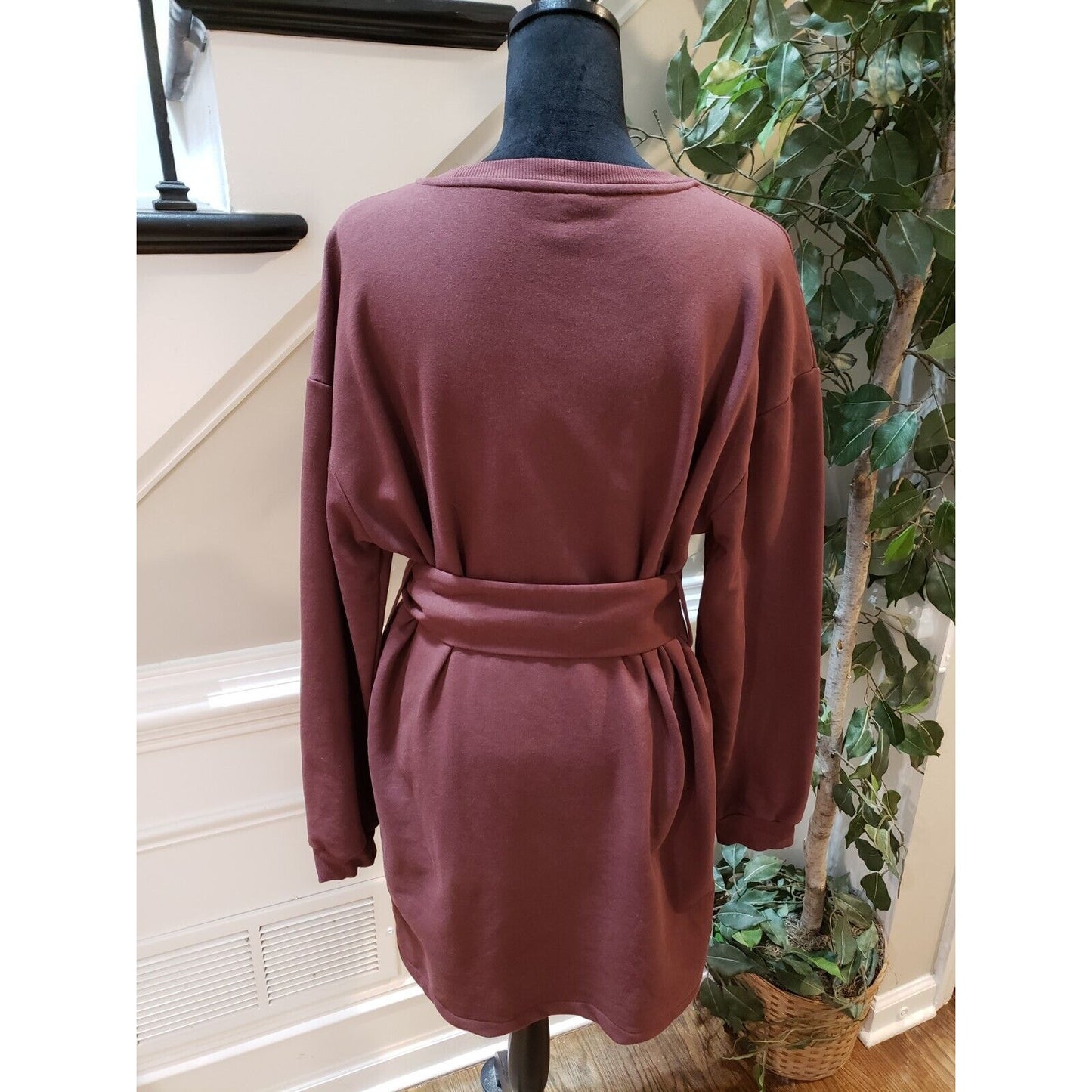 Topshop Womens Brown Cotton Belted Round Neck Long Sleeve Knit Sweater Dress 10