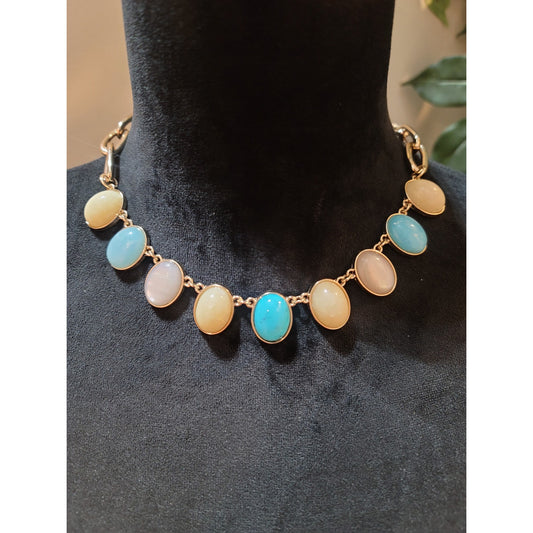 Women's Oval Gemstone Gold Necklace With Blue White Beige Stones Lobster Clasp