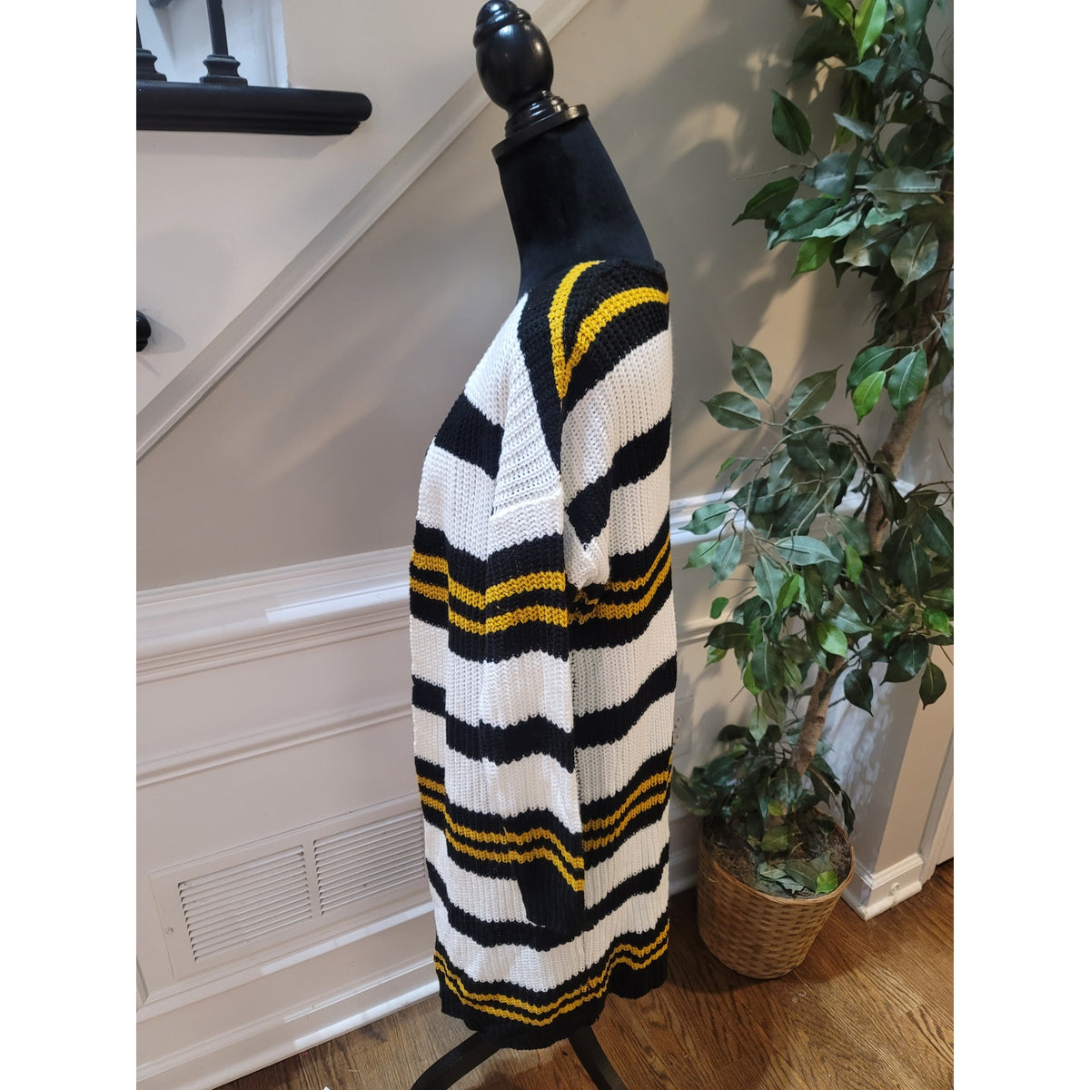 Evelyn Taylor Cardigan Sweater Women's Small Black/White Striped Open Front