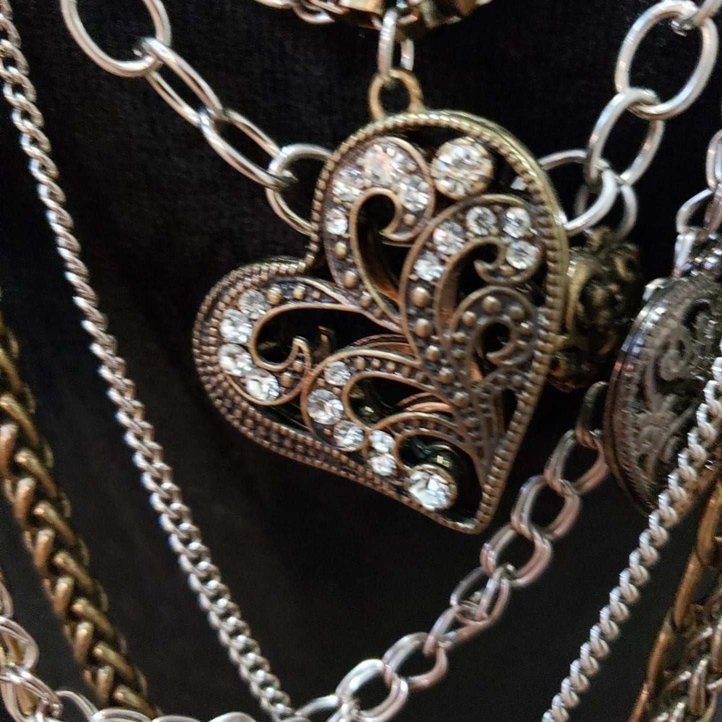 Womens Fashion Brass Multi Strand Heart Pendant Statement Necklace Lobster Clasp