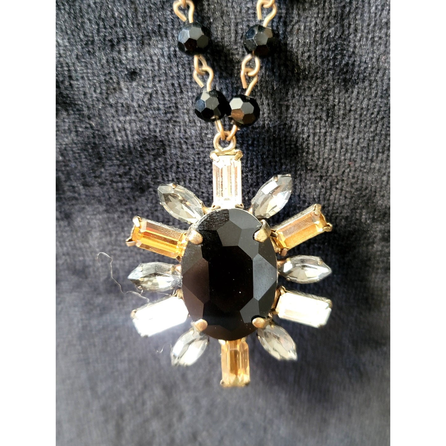 Loft Black Crystal Statement Pendant Necklace Gold Tone Long Chain Vintage