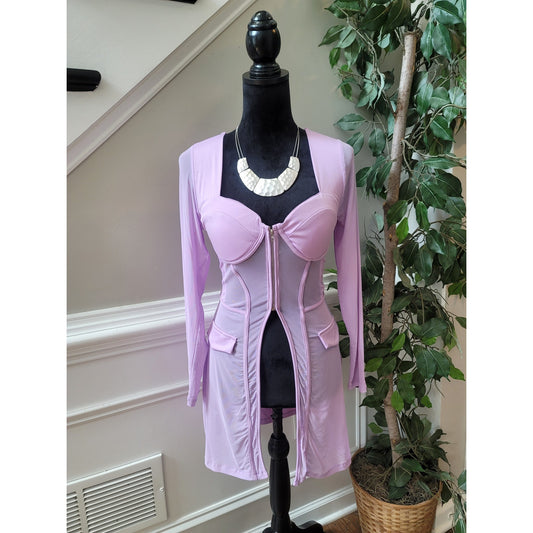 Pink Bodycon Dress Women's Size Medium Long Sleeve Zip Front Fitted Blazer