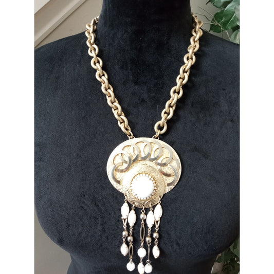 Vintage Gold Tone White Cabochon Pendant Necklace Dangle Statement Necklace