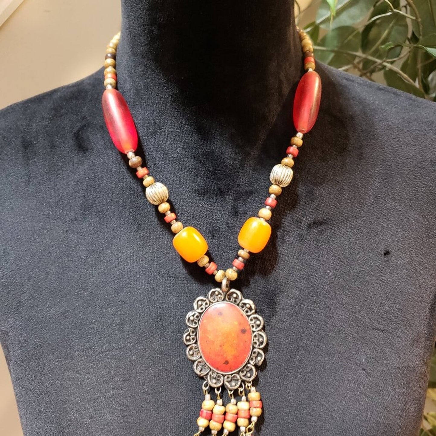 Womens Fashion Orange Beaded Kuchi Pendant Necklace with Hook & Eye Clasp