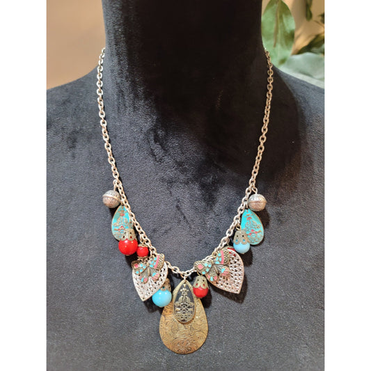 Women's Bohemian Vintage Butterfly Pendant Necklace With Red And Turquoise Beads