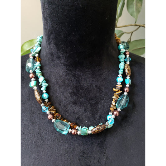 Womens 2 Strand Multi Chunky Biwa Turquoise Faux Pearls Glass Beaded Necklace