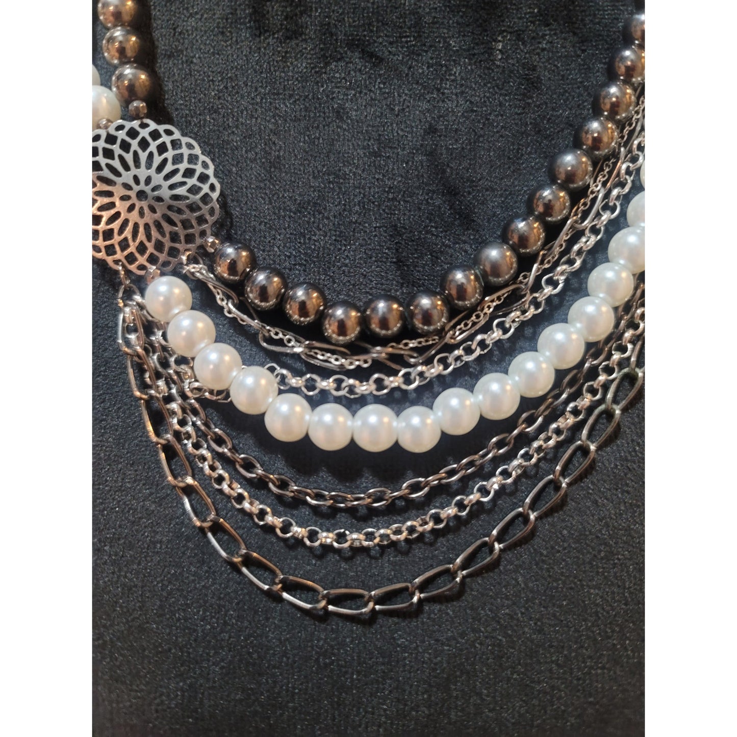 Women's Multi Layer Pearl Beaded Chain Necklace With Silver Flower Pendant