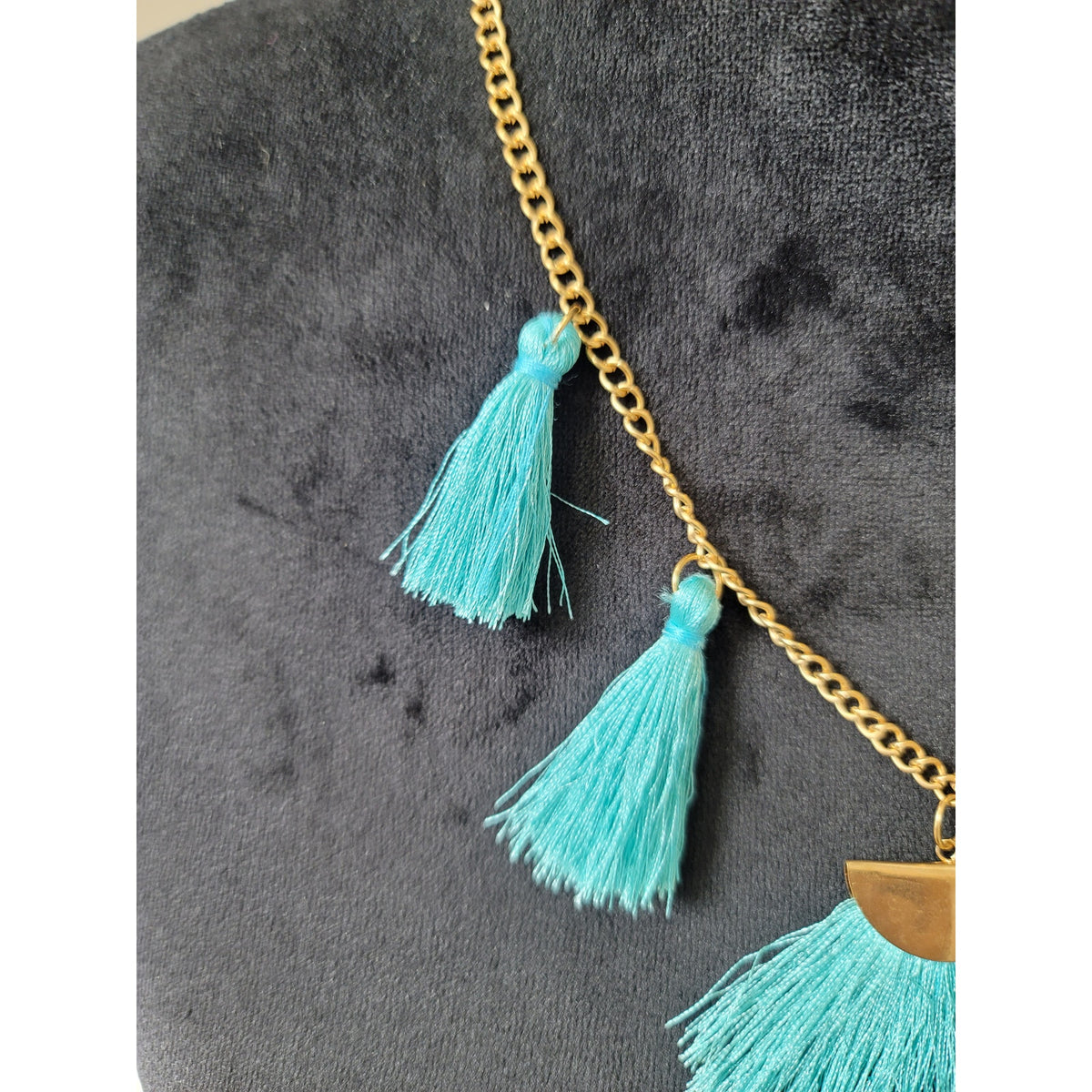 Womens Turquoise Tassel Statement Necklace with Gold Chain and Half-Moon Pendant