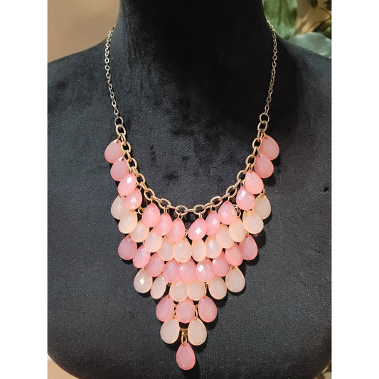 Women's Statement Pink Teardrop Beaded Bib Necklace With Lobster Clasp Chain