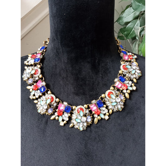 Colorful Rhinestone Floral Statement Bib Necklace Gold Tone Crystal Runway Glam