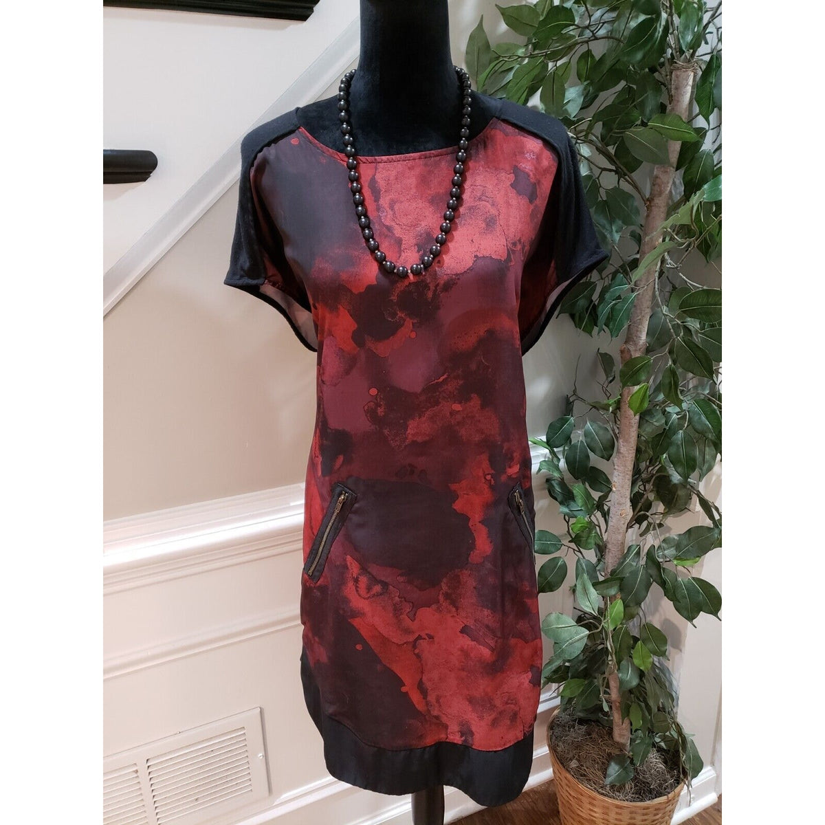 Mossimo Womens Black Burgundy Tie Dye Polyester Round Neck Shift Dress Size XL