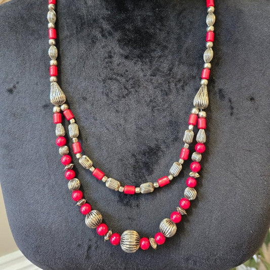 Womens Fashion Red & Silver Pearl & Metal Beaded Necklace with Lobster Clasp