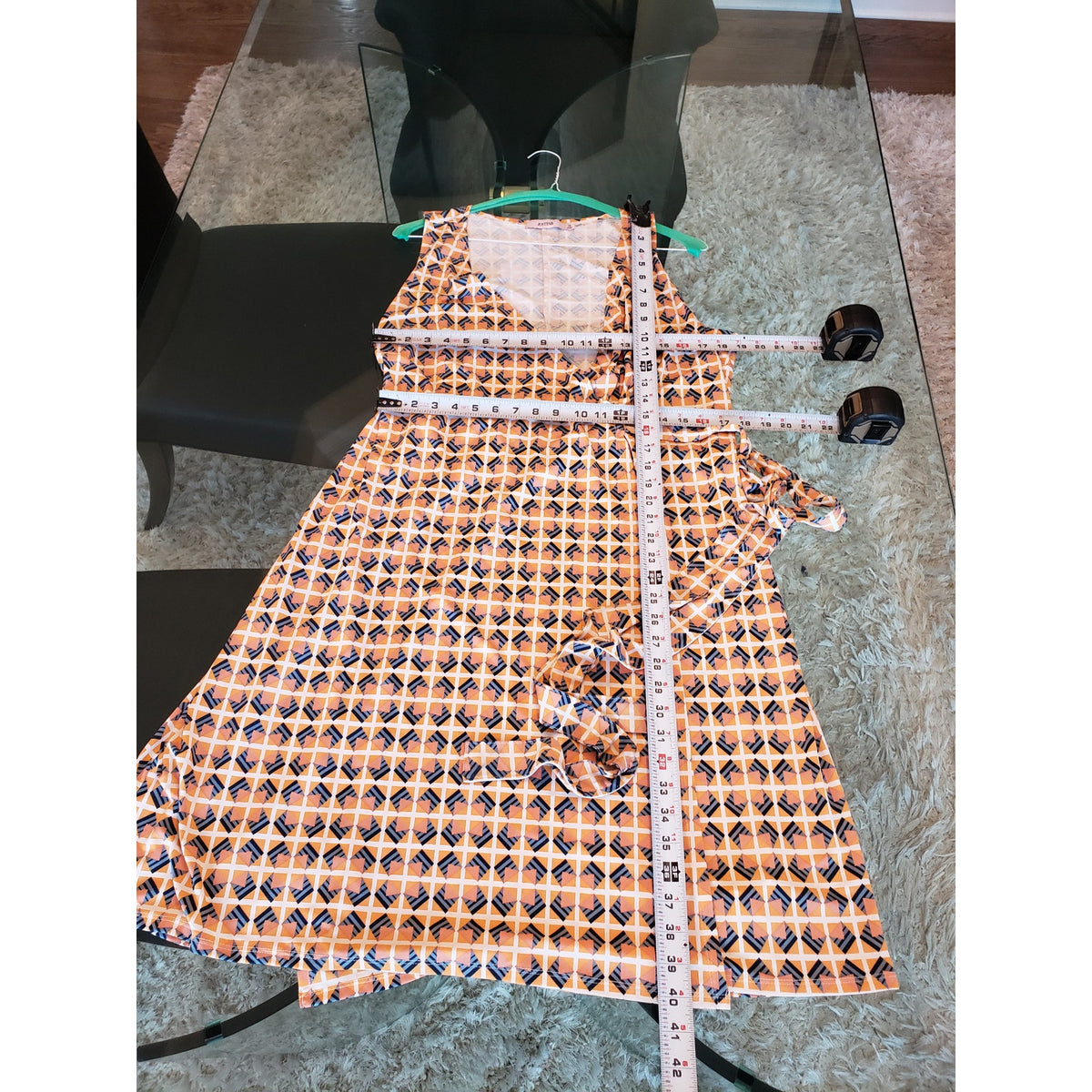JustFab Dress Womens 1X Multicolor Sleeveless V-Neck Belted Geometric Print