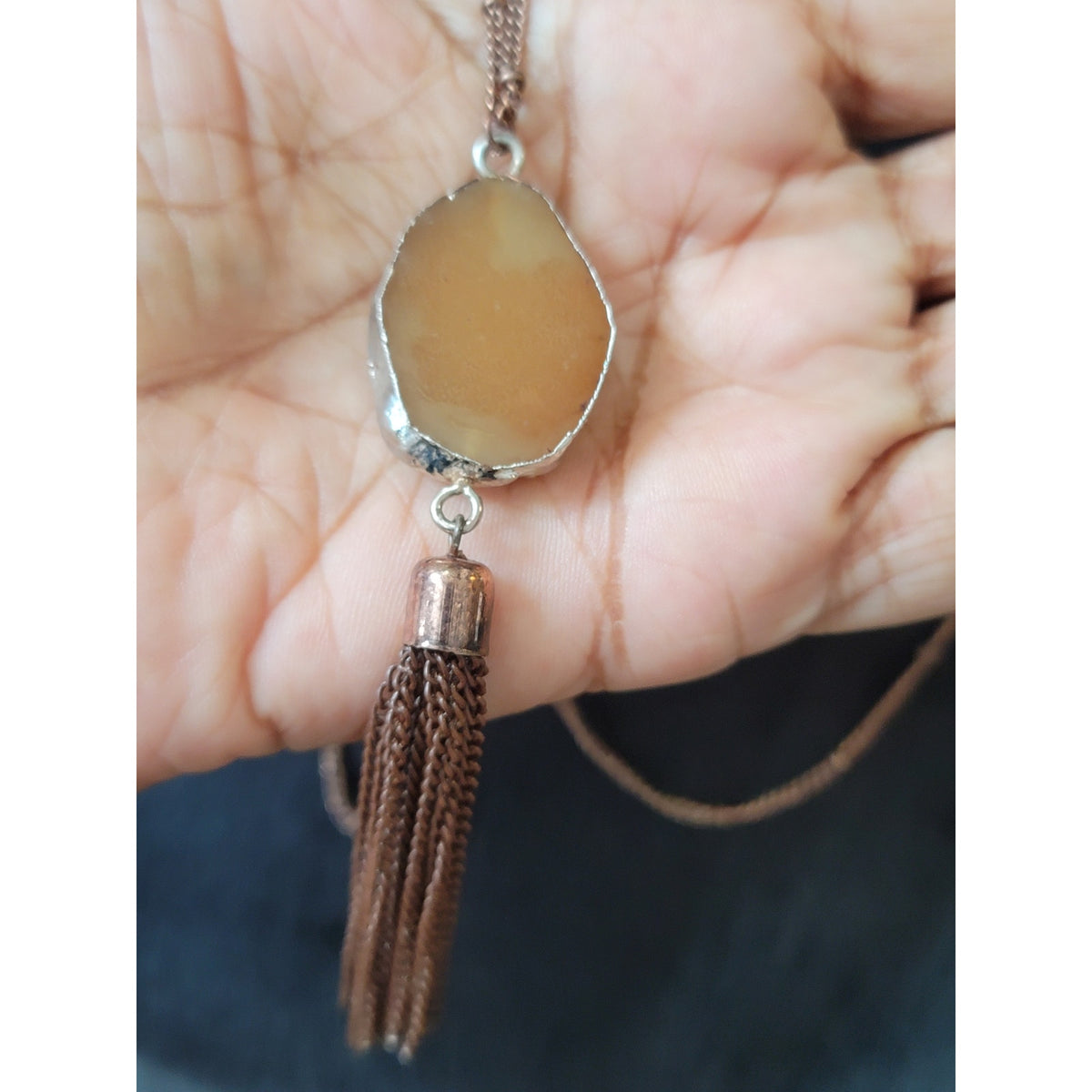Women's Long Pendant Necklace With Lobster Clasp Brown Druzy Stone Tassel Chain