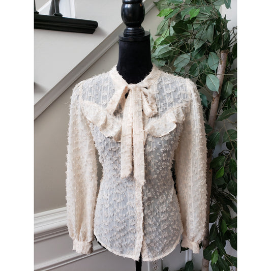 Listicle Button Down Shirt Womens Medium Beige Lace Sheer Tie Neck Long Sleeve