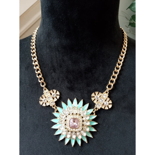 Gold Tone Chain Mint Green Rhinestone Flower Statement Necklace