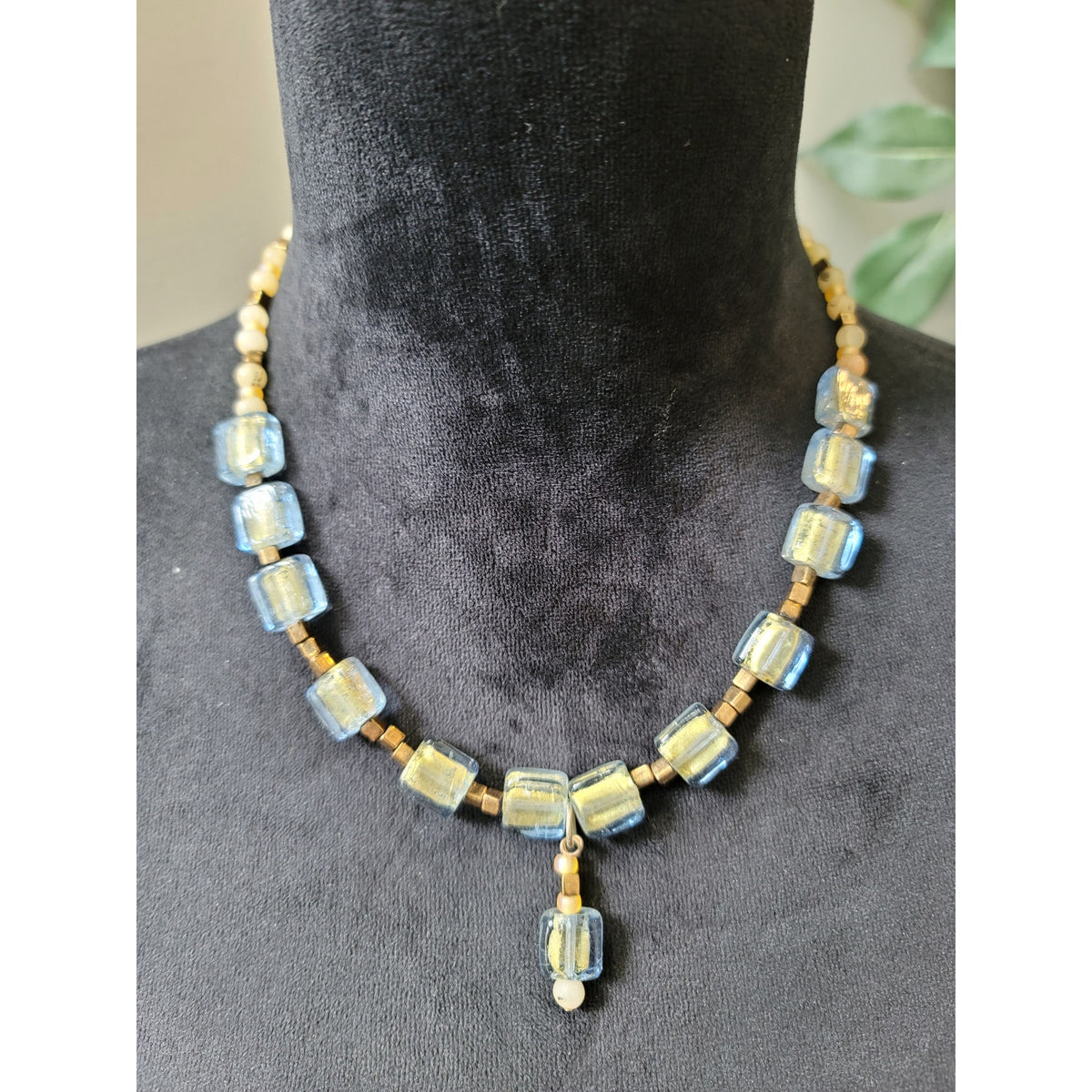 Women's Blue And Gold Glass Beaded Necklace With Barrel Screw Clasp Lock